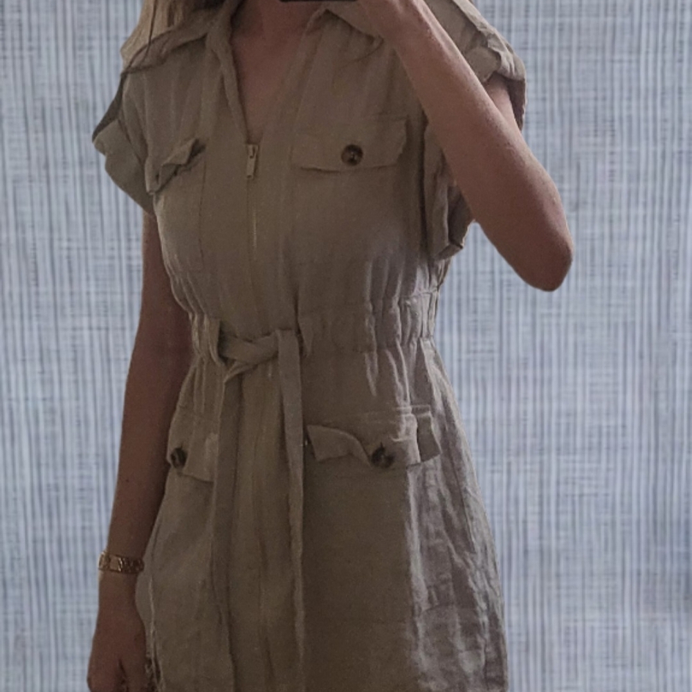 Beige Button-Up Belted Dress